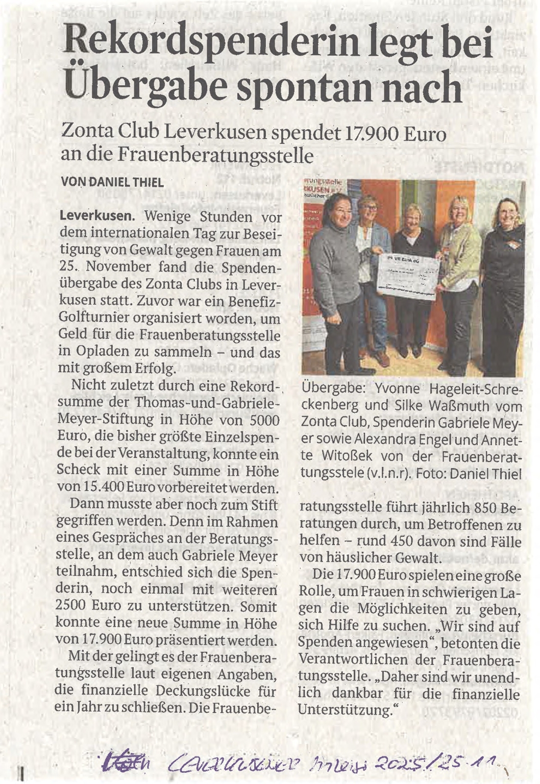 Rekordspenderin legt bei Übergabe spontan nach – Leverkusener Anzeiger 25.11.2025
